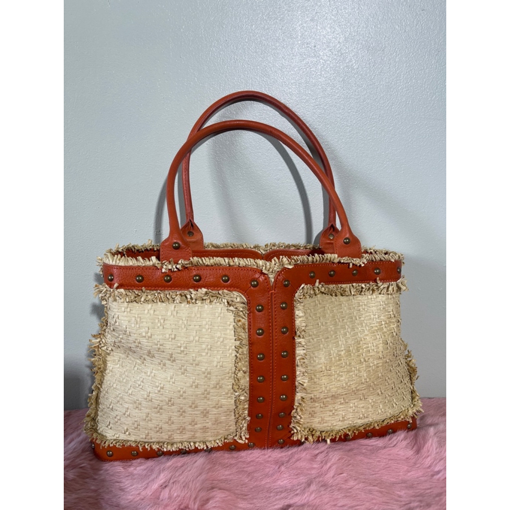 BCBGIRLS Beige & Orange Straw Tote Bag